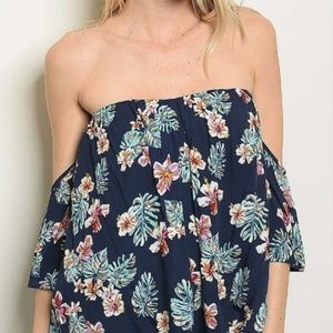 NAVY OFF SHOULDER FLORAL PRINT LOOSE FIT TOP